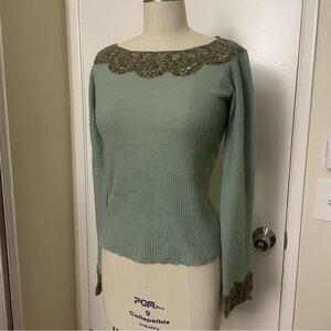 Vintage Moth green sweater with lace details Size M